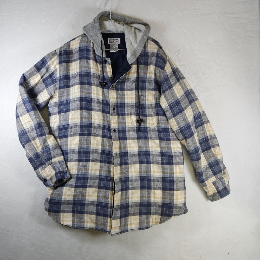 McGregor Classic Mens Large Blue Tan Plaid Flannel Hooded Shirt Jacket‎ Vtg